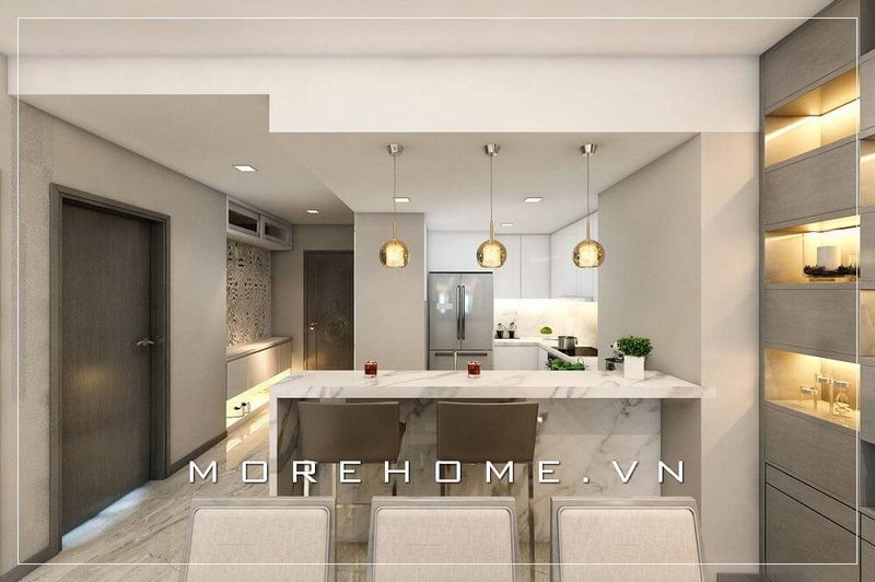 Mẫu tủ bếp gỗ acrylic màu trắng hiện đại, thiết kế chữ L tiện nghi cho không gian bếp chung cư