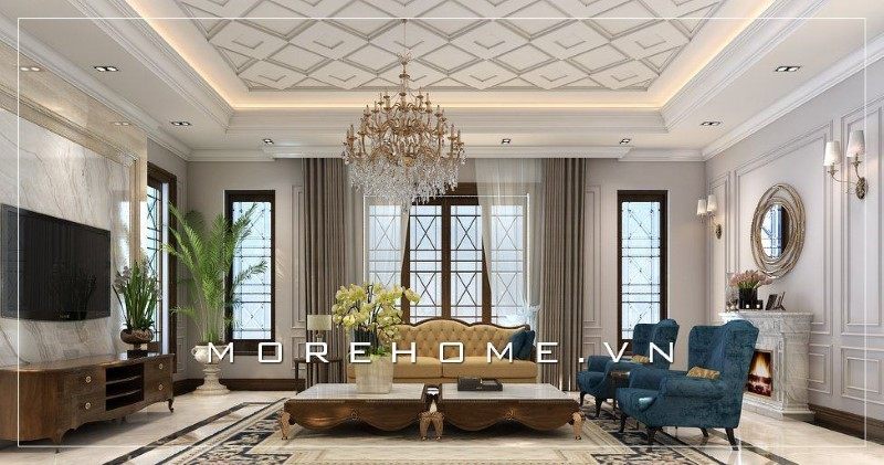 Xu hướng thịnh hành và phổ biến nhất trong năm nay là thiết kế mẫu phòng khách biệt thự theo phong cách tân cổ điển.