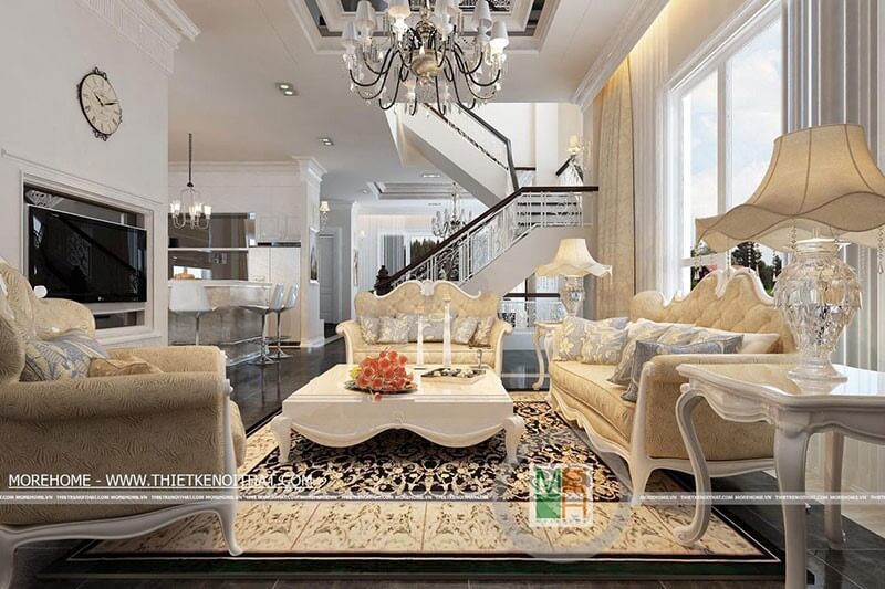 . Sofa phòng khách màu vàng với họa tiết tân cổ điển và đường cong tinh tế ở thân ghế là nét đẹp đặc trưng của không gian phòng khách.